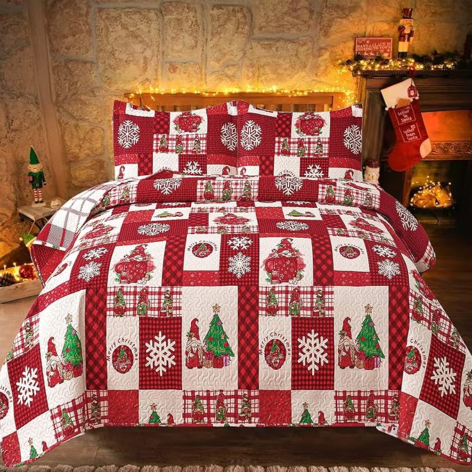 Cuddle Sofia Christmas Quilt Set: Twin Size, Red Plaid Gnome Christmas Decor, Lightweight Reversible Bedspread