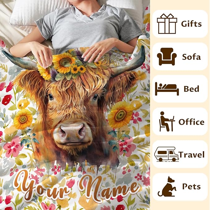 Custom Highland Cow Blanket Gifts with Name - 80x60 Inches Vintage Throw Blanket for Women, Girls - Colorful Soft Fuzzy Blankets for Bed, Couch Sofa - Gift for Mom Daughter Grandma
