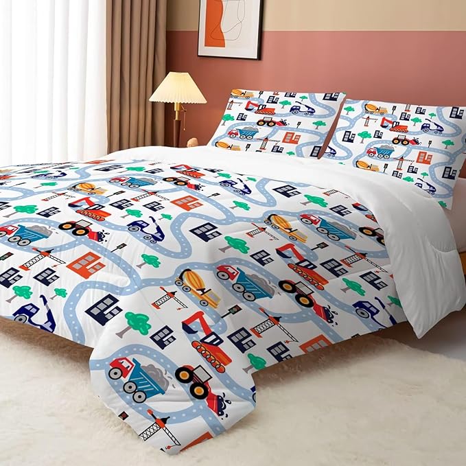 Cartoon Truck Comforter Set Twin: Construction Bedding Set for Boys Kids Children Bedroom Dorm White Cute Cars Quilt 1 Comforter + 1 Pillow Case