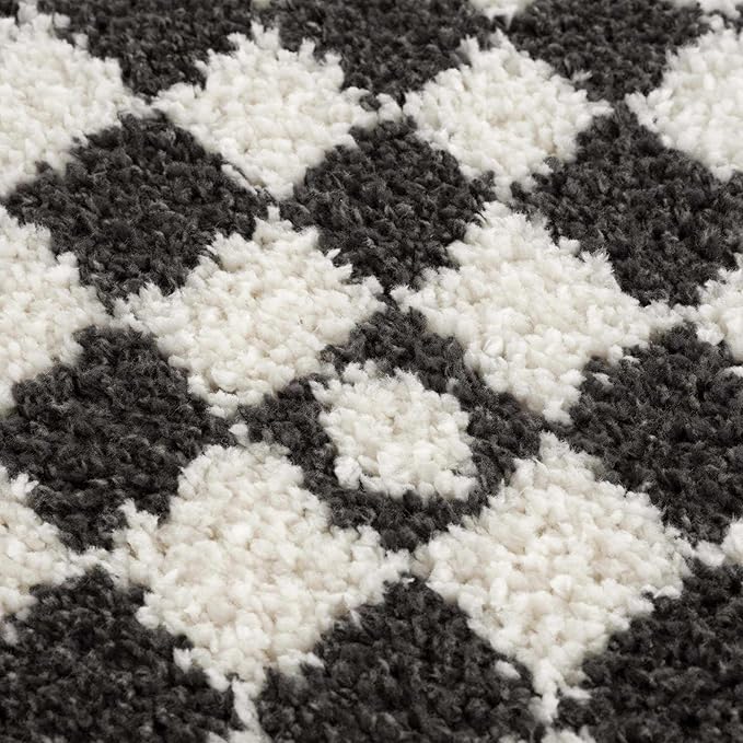 Hauteloom Kieu Contemporary Checkered Fluffy Shag Area Rug - Modern Geometric Soft Carpet Tiles for Living Room, Kids Room, Nursery - Black, White - 18" Sample