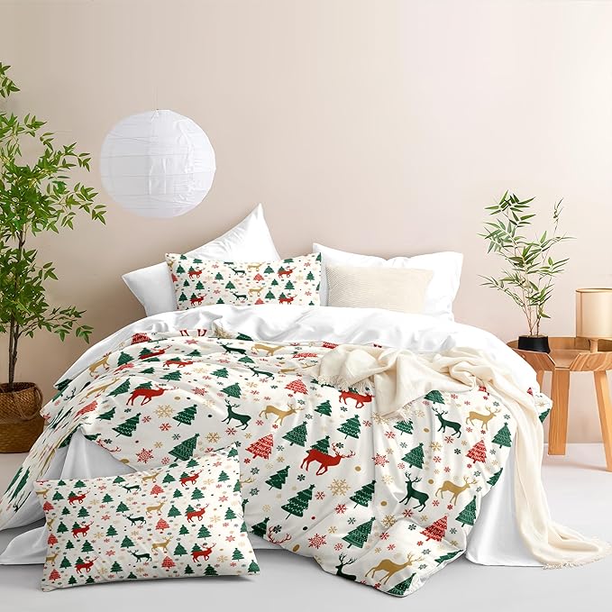 Christmas Duvet Cover King Size Green Christmas Tree Bedding Set 3 Pieces Kids Boys Girls Xmas Deer Pattern Comforter Cover with Zipper Closure