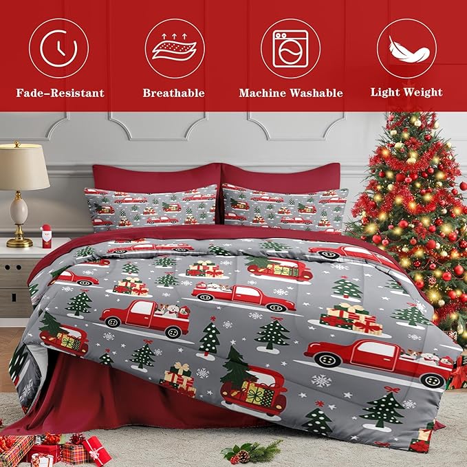 7 Pcs Full Size Christmas Comforter Set with 2 Pillowcases & 2 Shams, Red Cartoon Truck Bedding for Kids and Adults, Merry Winter Pine Tree Bed in a Bag with Flat Fitted Sheet