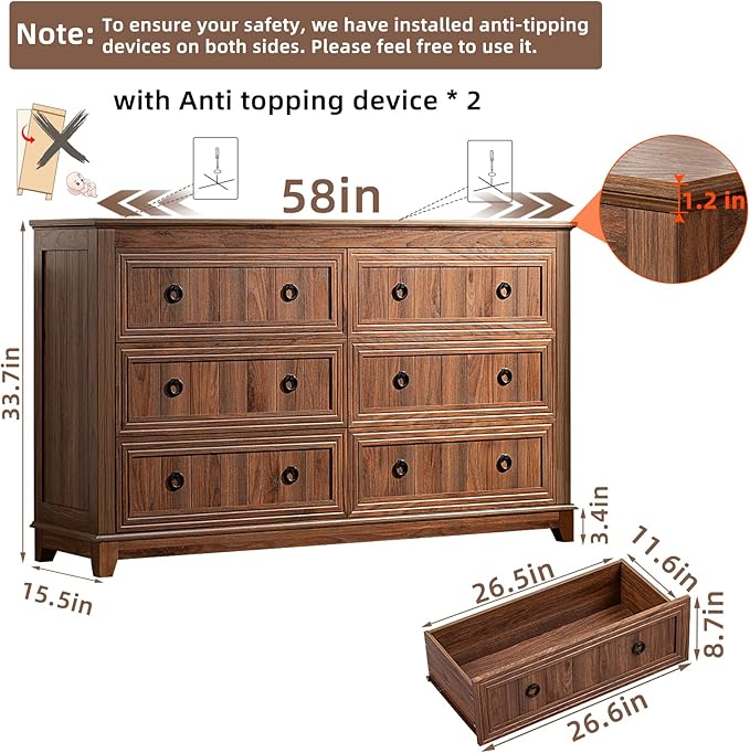 Farmhouse Living Room Sets, Night Stands Set of 2 and 6 Drawers Dresser for Bedroom, 58 Inch Wide Wood Dresser and 18.1" Night Stands with Charging Station for Bedroom, Living Room, Hallway