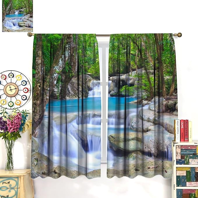 Forest Waterfall Blackout Curtains, Spring Nature Theme Natural Scenery Mountain Scenery Rod Pocket Window Drapes, for Bedroom Living Room 63" W X 72" L