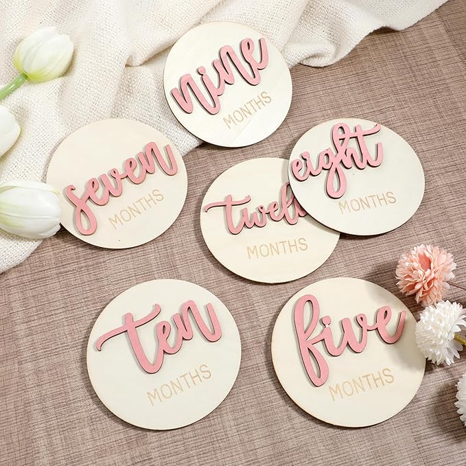 6 Pcs Baby Monthly Milestone Signs, Double Sided Wooden 3D Milestone Markers Disc from 1-12 Months 4 Inch Newborn Age Announcement Sign for Photo Props (Pink)