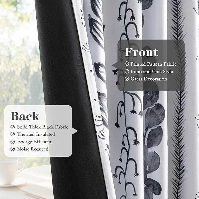 MEETSKY Boho Blackout Leaves Patterned Curtains 72 Inch Long 2 Panels Set for Bedroom, Room Darkening Dark Grey Drapes for Living Room, Thermal Insulated Rod Pocket Back Tab Window Treatment, 50"Wide