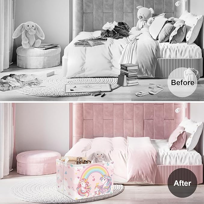 Clastyle 36L Pink Unicorn Rainbow Girls Storage Basket Collapsible Rectangle Clothes ToyBook Shelf Basket for Kid Room Nursery