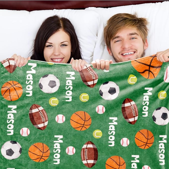 Custom Ball Blanket with Name for Boys, Personalized Name Blanket for Kids Ball, Soft Flannel Customized Gift for Birthday Christmas Baby Shower Children Day 40"x50"