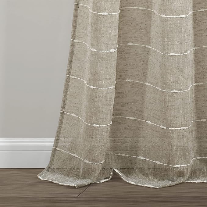 Lush Decor Farmhouse Textured Grommet Sheer Window Curtain Panel Pair, 38"W x 120"L, Neutral