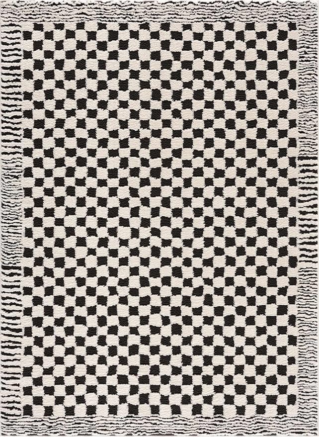 Hauteloom Leryn Contemporary Checkered Area Rug - Modern Geometric Bordered Carpet for Living Room, Bedroom - Checkboard Design - Square Tiles - High Pile - Black and White - Off White - 18" Sample