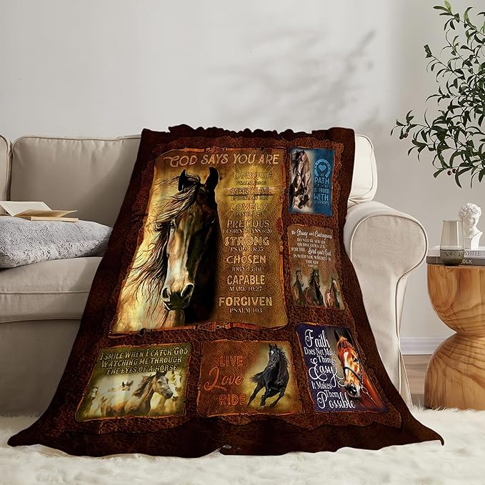Horse Blanket Throws Horse Gifts Christian Horse Throw Blanket for Girls Women Kids Adults Soft Warm Cozy Fleece Blanket for Couch Sofa Bed 80"x60"