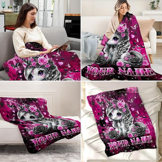 Personalized Girls Blanket for Unicorn - 50" x 60" Cute Blanket Gifts for Teens - Cozy Flannel Throws Decor for Living Room, Sofa