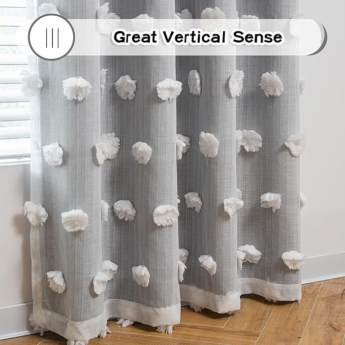 MYSKY HOME Grey Curtains for Bedroom - 54 Inch Long, Double Layer, White Pom Pom, Sheer, Grommet, Darkening, Small Window, 2 Panels, 52 x 54 in