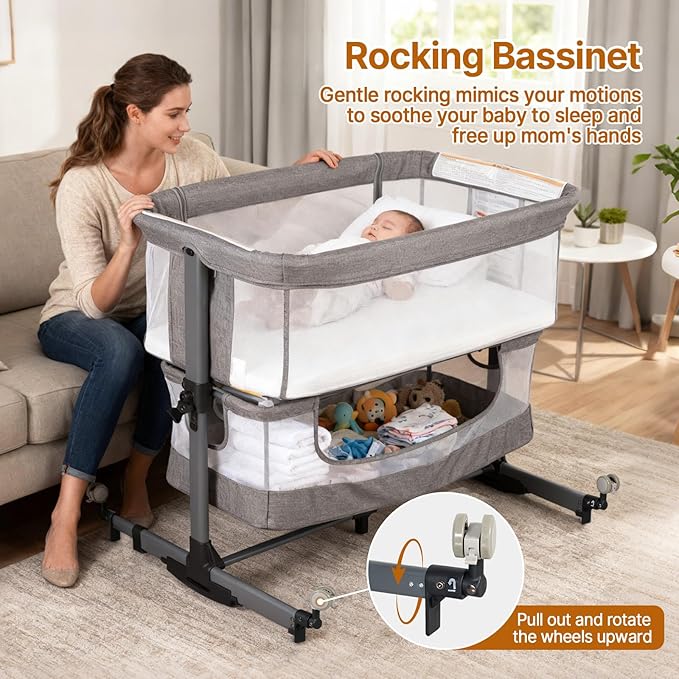 Baby Bassinet Bedside Sleeper, 3-in-1 Bedside Bassinet, 5 Height Adjustable Rocking Baby Crib, Breathable Full Mesh, Mosquito Net, Storage Basket, Stable and Secure Bassinets for Newborn Infant