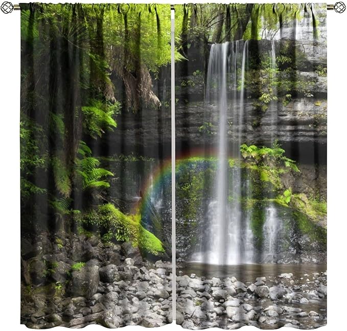 Natural Landscape Waterfall Blackout Curtains, Forest Falls Spring Natural Scenery Green Plant Tree Leaf Rod Pocket Window Drapes, for Bedroom Living Room 52" W X 84" L