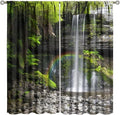 Natural Landscape Waterfall Blackout Curtains, Forest Falls Spring Natural Scenery Green Plant Tree Leaf Rod Pocket Window Drapes, for Bedroom Living Room 72" W X 63" L