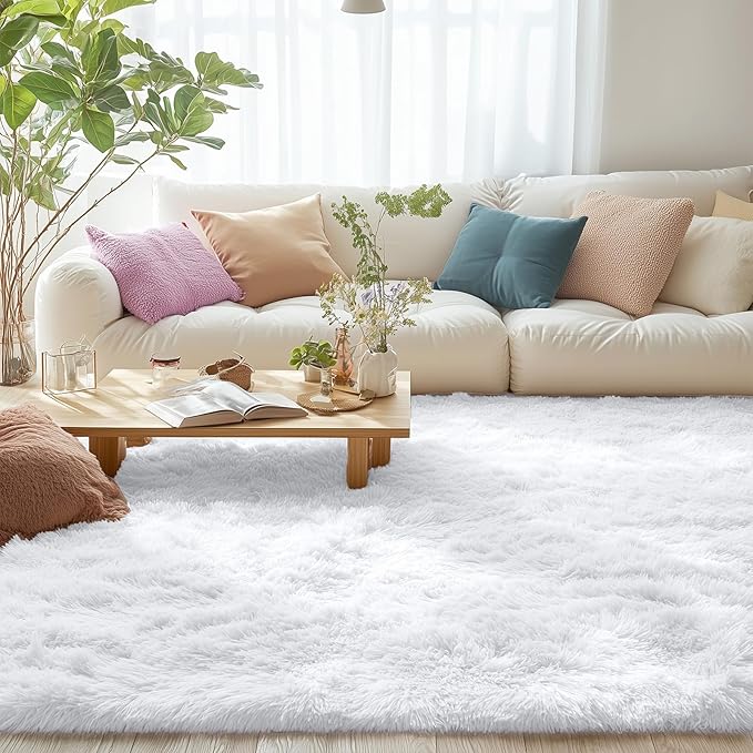 OLANLY Area Rugs for Living Room Bedroom, Machine Washable 4x5.9 ft Soft Fluffy Shaggy Bedside Rug, Indoor Floor Carpet for Kids Girls and Boys, Dorms, Nursery Rooms, Home Decor Aesthetic, White