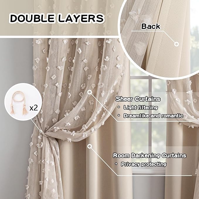 MYSKY HOME Beige Curtains for Bedroom 72 Inches Long Nursery Curtains Pom Pom Beige Sheer Curtains for Girls Room Double Layer for Toddler Bedroom Grommet Room Darkening Window Panels 52 x 72 Inch