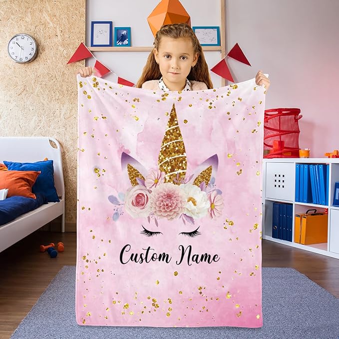 Personalized Unicorn Blanket with Name for Girl, Custom Kids, Soft Flannel Pink Toddler Customized Gift Birthday Christmas Baby Shower Newborn 30'' X 40''