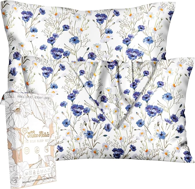 Silk Pillowcase 2 Pack - Cute Pillow Cases 20" x 26" Standard Size Set of 2 for Hair and Skin Smooth Soft Breathable with Hidden Zipper Cooling Pillow Covers for Sleeping, Blue Daisy