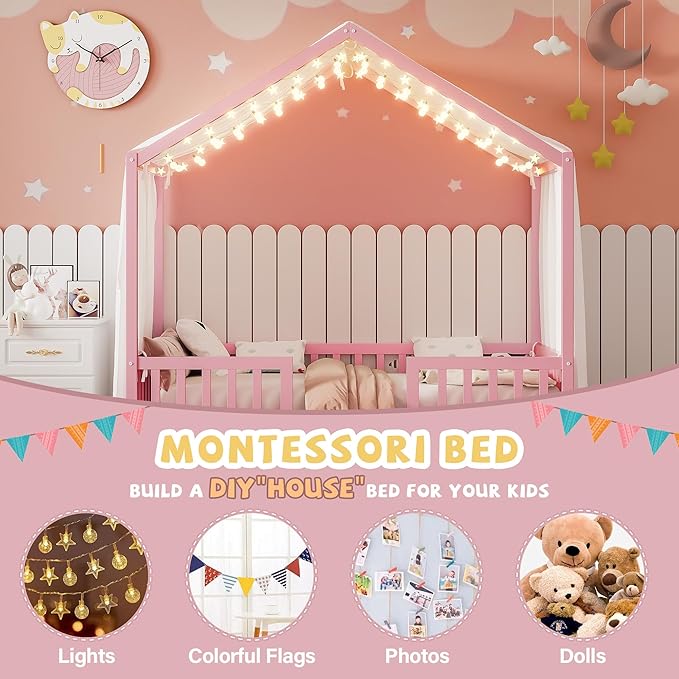 Bellemave Twin House BedFrame with Canopy, Montessori Floor Bed, House Bed with Rails for Kids, Pink