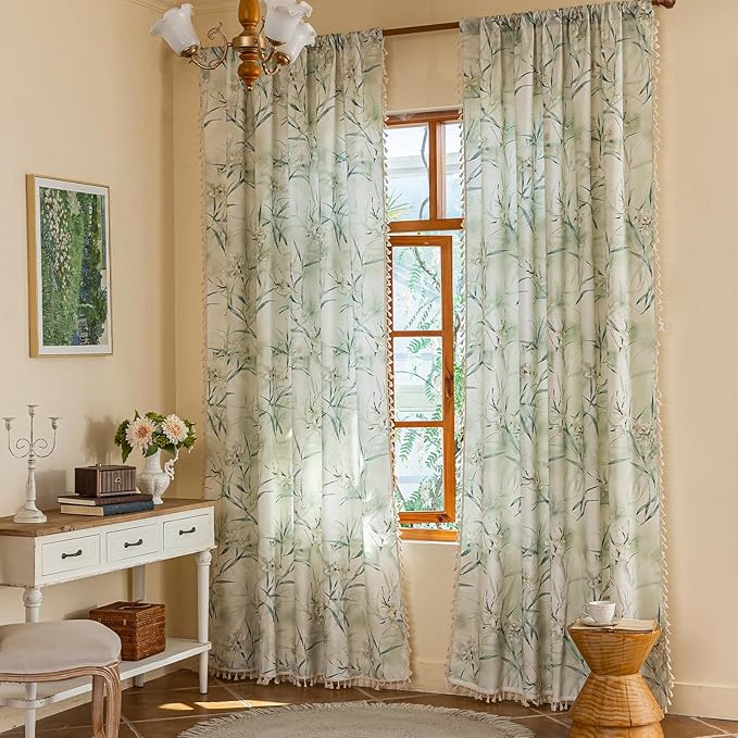 ENJOYBRIDAL White Floral 84 Inch Curtains 2 Panel Set Bedroom Boho Drapes Semi Sheer Dining Room Living Room Rod Pocket Window Curtain Panels Floor Length Farmhouse Country Cute Chic Window Treatments