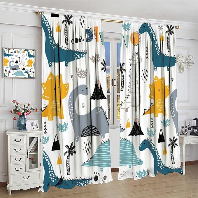 Dinosaur Curtains, Cartoon Dino Cute Safari Animal Print Pattern Blackout Window Treatments, Rod Pocket Thermal Insulated Drapes 2 Panel Sets for Kids Boys Bedroom Nursery Classroom, 63" W X 72" L