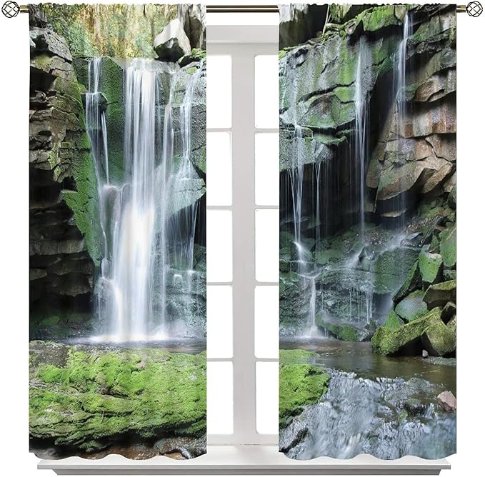 Forest Waterfall Blackout Windows Curtains, Rocky Waterfall to Pond Running Off Scenic Nature Themed Picture Print Curtains, for Living Room Bedroom 52x84in 2 Panels