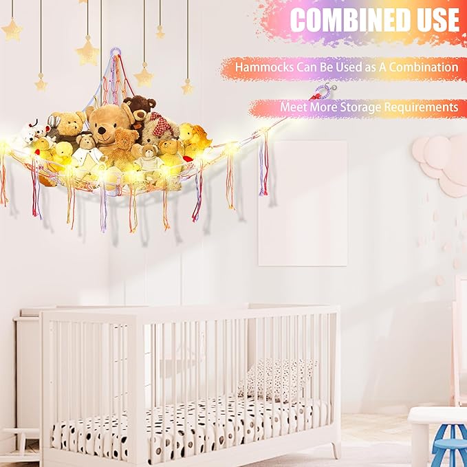 Stuffed Animal Hammock with LED Light, Large Stuffed Animals Storage Corner Plushie Net for Kids Room Decor, Rainbow