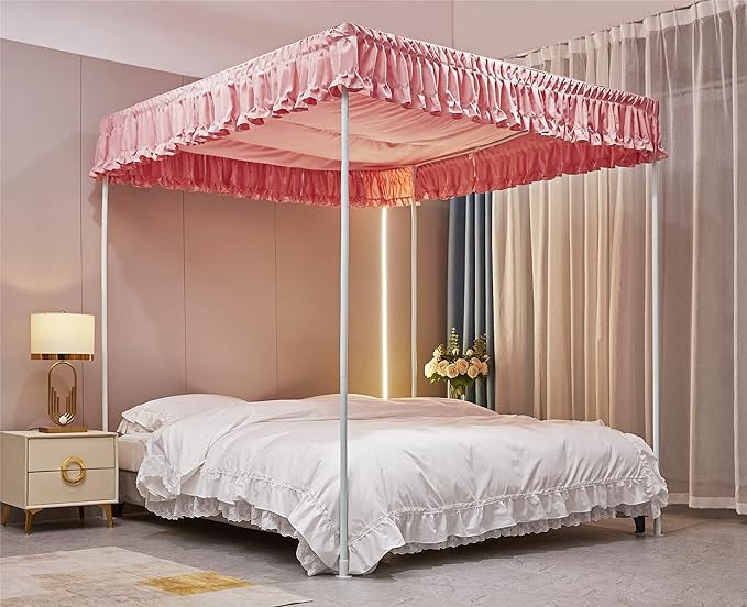 VETHIN Elastic Roof Style Four Corner Post Princess Bed Canopy Curtains Cozy Breathable Tent Canopy Mosquito Net for Girls & Adults Bedroom Decoration (Pink, 47-53" W*78" L*82"*H/(Twin-Full))