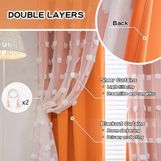 MYSKY HOME Bedroom Curtains Orange Blackout Curtains for Nursery Kids Room 63 Inch Long Double Layer Curtains for Daughter Room White Pom Pom Sheer Grommet Room Darkening Window Curtains, 52" x 63"