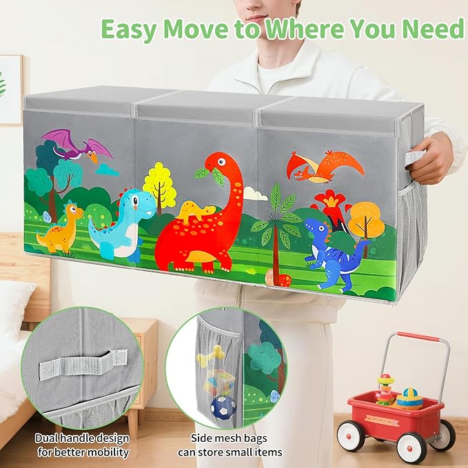Extra Large Toy Box Chest with Lids, Collapsible Toy Storage Organizer for Kids, Dinosaur Toy Bin Box for Toddlers Boys Girls, Toy Organizer for Living Room Nursery Playroom Bedroom Home Gray