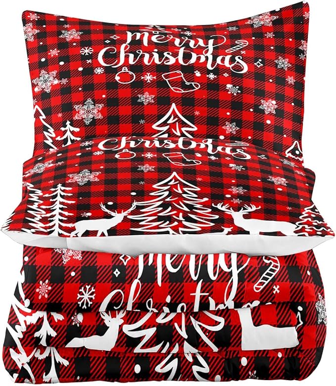 LUVIVIHOME 2PCS Christmas Comforter Set Twin Size, Plaid Bedding, Red and Black Buffalo Check Snowflake Forest Deer Merry Christmas Bedroom Decor, Soft Microfiber Quilt, Xmas Gifts, 1 Pillow Sham