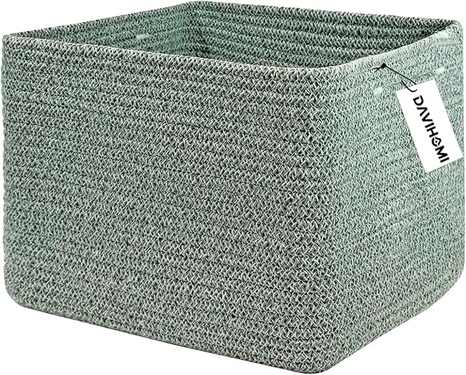 Rectangular Woven Cotton Rope Basket for Organizing, Gift Baskets for Handles, Empty Gift Baskets, Medium Rope Basket|13.5" x 11" x 9.5" home decor for Living Room, Bathroom(Green)