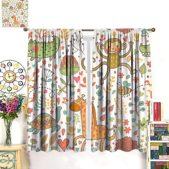 Cute Monkeys Curtains, Zoo Theme Cartoon Funny Animals Crocodile Giraffe Turtle with Flowers Print Thermal Insulation Window Drapes for Kids Boys Girls Baby Bedroom Living Room 84x84in
