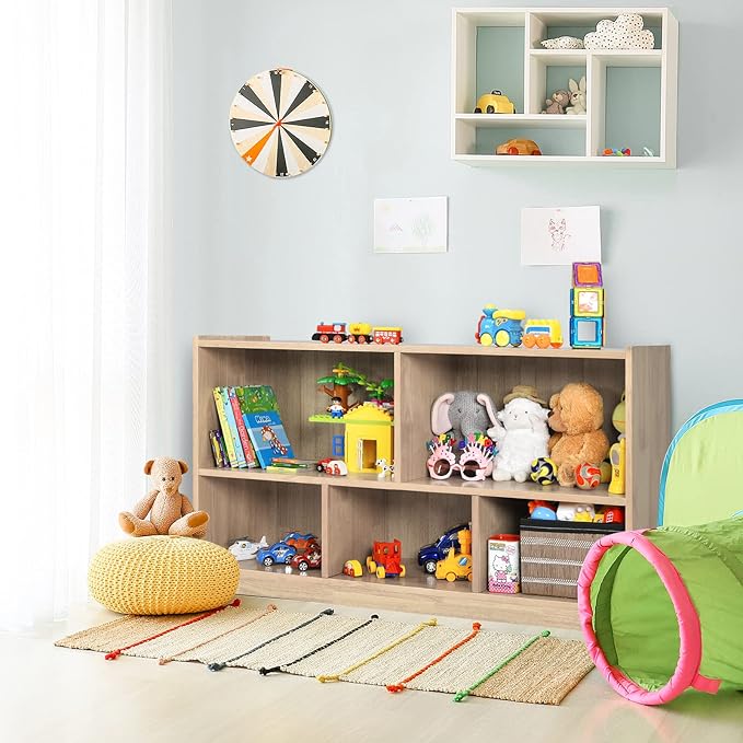 Costzon 2-Shelf Bookcase for Kids, Wooden Toy Storage Organizer for Books Toys, 5-Section Freestanding Classroom Daycare Montessori Bookshelf for Preschool, Home Playroom & Kindergarten (Natural)
