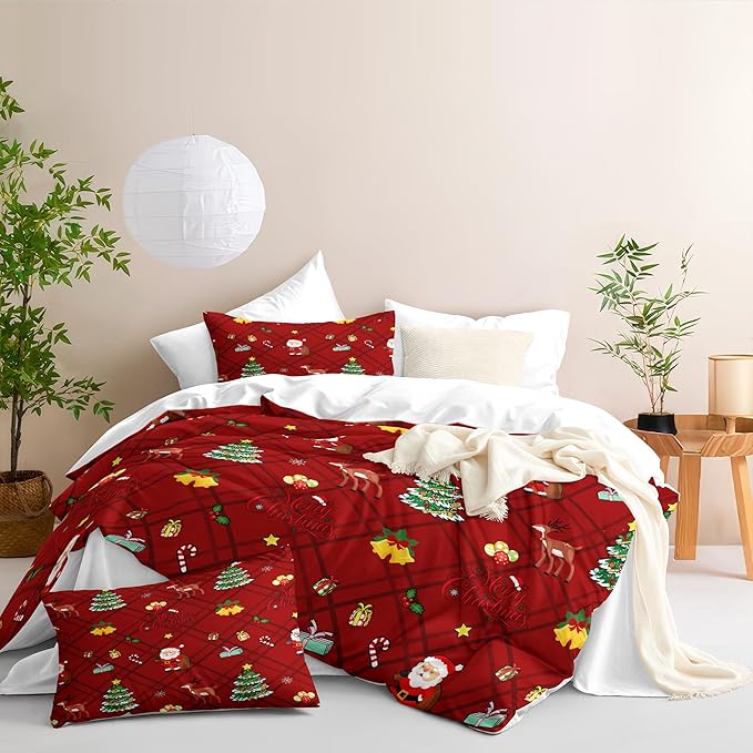 Christmas Duvet Cover Queen Size Red Gingham Christmas Bedding Set 3 Pcs Kids Boys Girls Xmas Grid Checked Cartoon Deer Pattern Comforter Cover with Zipper Closure (No Comforter)