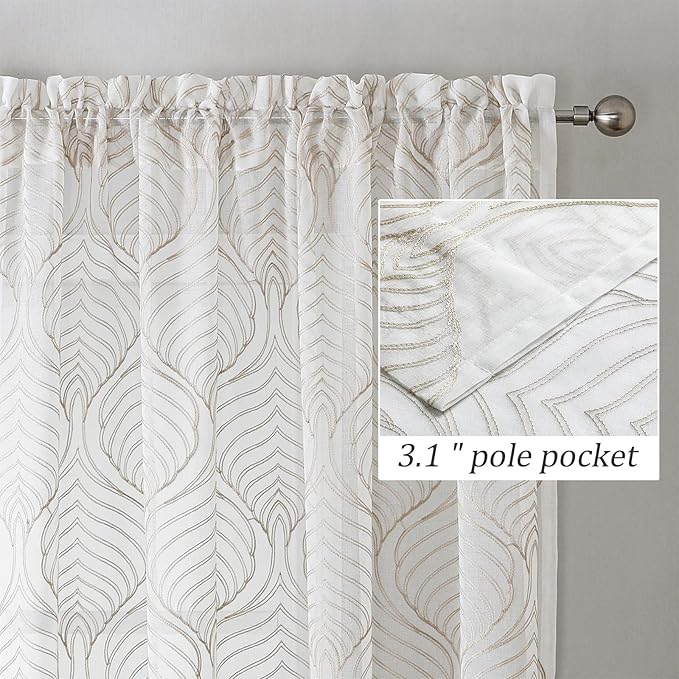 VISIONTEX Sheer Curtains 63 Inch Length 2 Panels Set Taupe Moroccan Embroidery Texture Geometric Rod Pocket Ivory White Voile Tulle Semi Window Treatment Pair for Bedroom Living Room 54 x 63 Inches