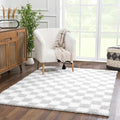 Hauteloom Atira Contemporary Checkered Fluffy Shag Area Rug - Modern Geometric Carpet Tiles for Living Room, Kids Room, Nursery - Plush Pile - Gray, Cream, White - 7'10" x 10'3"