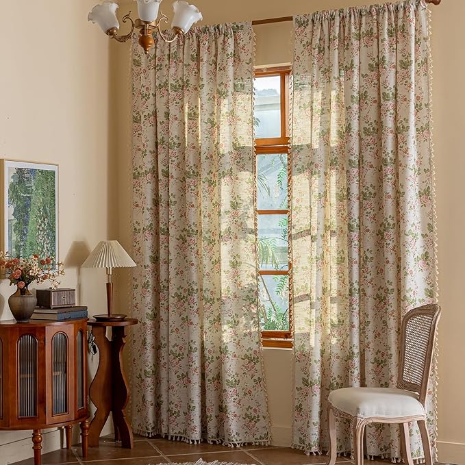 ENJOYBRIDAL Pink Floral 63 Inch Curtains 2 Panel Set Bedroom Semi Sheer Drapes Short Living Room Farmhouse Window Curtain Panels Boho Dining Room Decor Rod Pocket Tassel Window Treatments