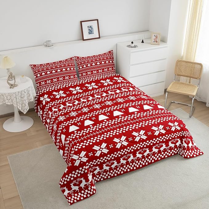Feelyou Red Christmas Bedding Set for Kids Boys Girls Full Size Xmas Deer Decor Comforter Set Ultra Soft Xmas Snowflake Comforter Winter Duvet Quilt Bedroom Decor Christmas Decor Quilt