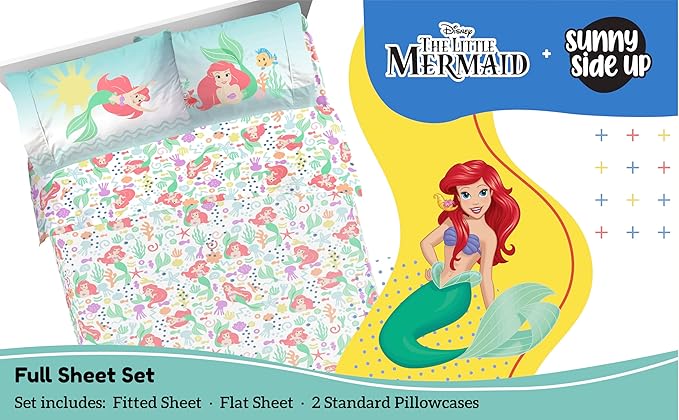 Sunny Side Up Disney The Little Mermaid Full Sheet Set - 4 Piece Kids Bedding Set Includes Pillow Cover - Super Soft Ariel Microfiber Sheets