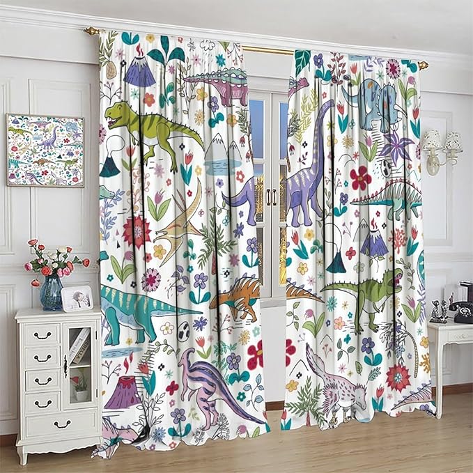 Dinosaur Curtains Cartoon Cool Funny Dino Tropical Plant Leaves Flowers Aesthetics Art Print for Kids Boys Bedroom Living Room Rod Pocket Decoration Window Drapes 2 Panels W27.5xL63in