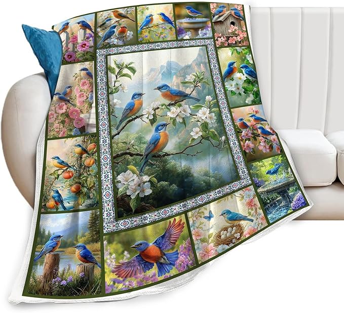 Blue Hummingbirds Blanket Moutain Flowers Bird Throw Blankets Gifts for Girls Boys Women Cozy Warm Soft Fuzzy Flannel Throw Plush Stuffed Animal Fleece Gifts for Kids Men Women for Sofa Bed 50" x60"