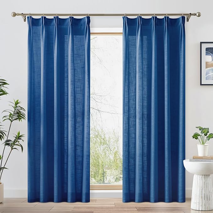 FMFUNCTEX Linen Semi Sheer Curtains 84 Inches Long for Bedroom, Navy Blue Pinch Pleated Curtains for Living Room, Light Filtering Farmhouse Window Drapes Rod Pocket Back Tab 2 Panels Set