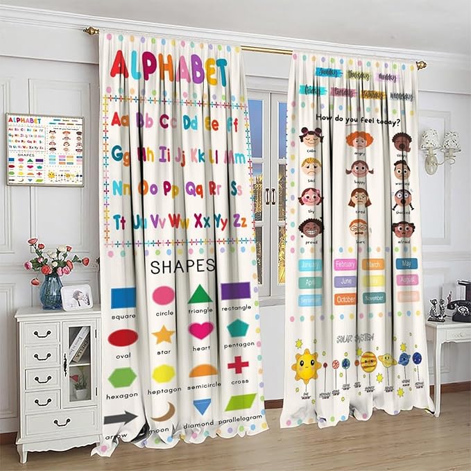 Kids Educational Alphabet Cartoon Curtain Solar System Shapes Cute Knowledge Printed Rod Pocket Blackout Window Drapes for Todders Nursery Baby Bedroom Living Room 42" W X 63" L