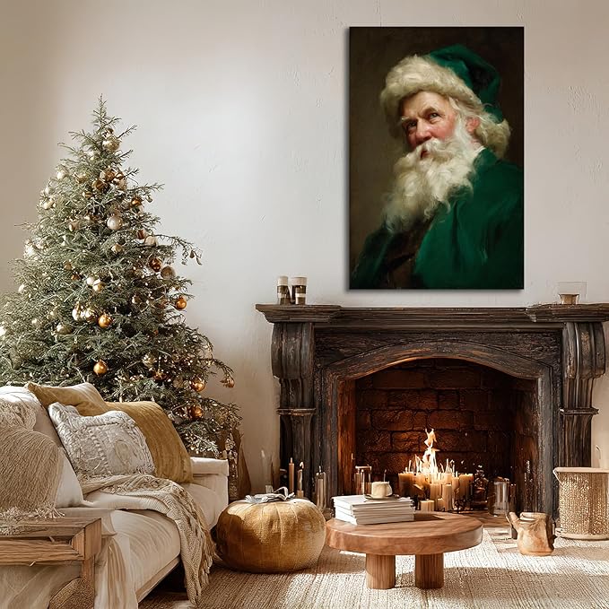 YONICA Christmas Canvas Wall Art Green Santa 36x46 Inch Historical Christmas Figure Art - Large Framed Gallery Wrapped Collectors Edition
