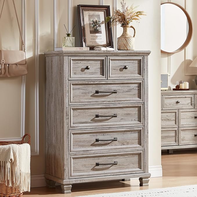 Farmhouse Bedroom Dresser and Nightstand Set of 4, 6 Drawer Tall & 5 Drawers Dresser & 2 Drawer Nightstand Set, Rustic Wood Furniture Set for Bedroom, Hallway, Grey
