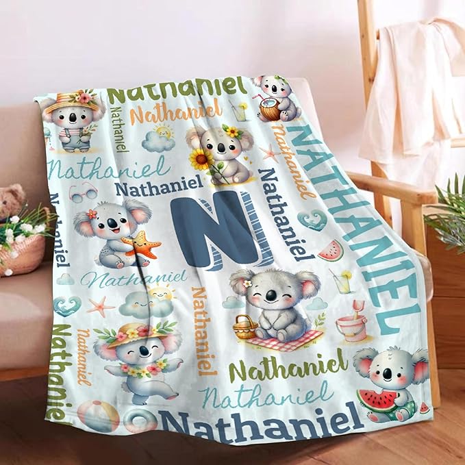 Personalized Custom Koala Blanket Gifts for Kids Boys Girls with Name - Customized Koala Super Soft Lightweight Flannel Sheets Decor for Crib Nap Couch - 60"x80" for Adult