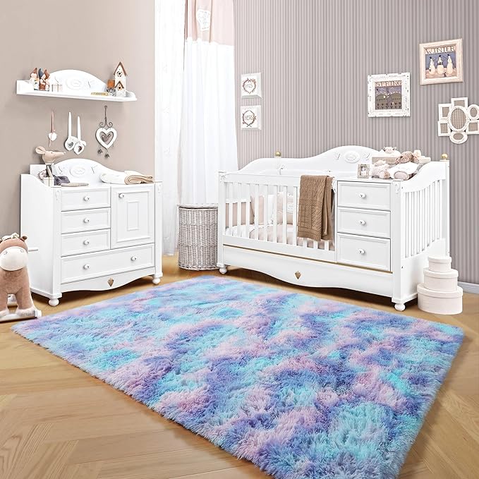 ONASAR Rainbow Rugs for Girls Bedroom, 5x8 Washable Fluffy Bedside Throw Area Rug, Soft Plush Shaggy Indoor Floor Carpet for Living Room Nursery Kids Boys Teen Dorm Home Office Decor Aesthetic
